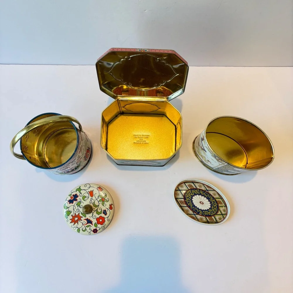 Vintage Metal Tins Set 3 Floral Chinoiserie Storage Boxes England USA Small